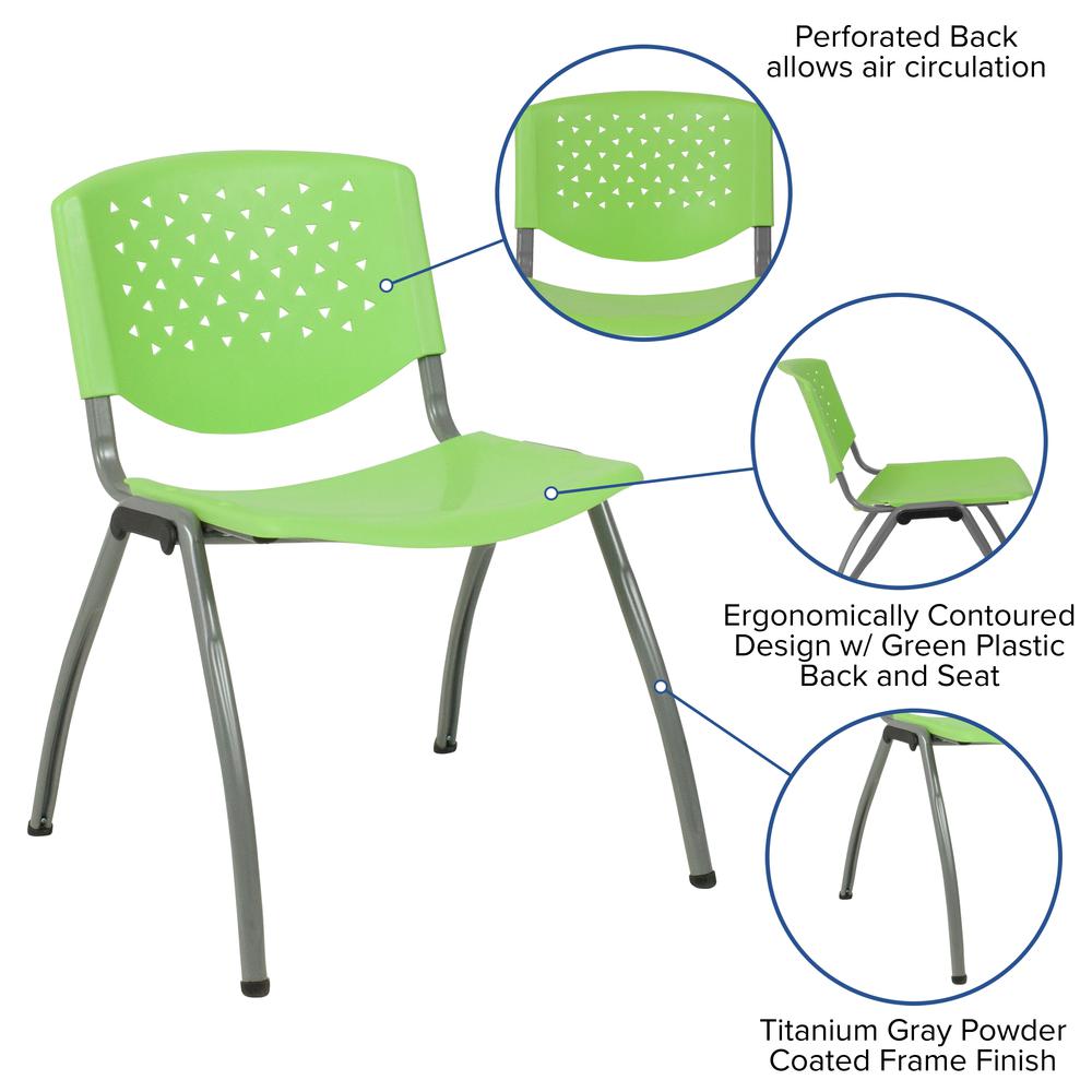 880 lb. Capacity Green Plastic Stack Chair with Titanium Gray Powder Coated Frame. Picture 5