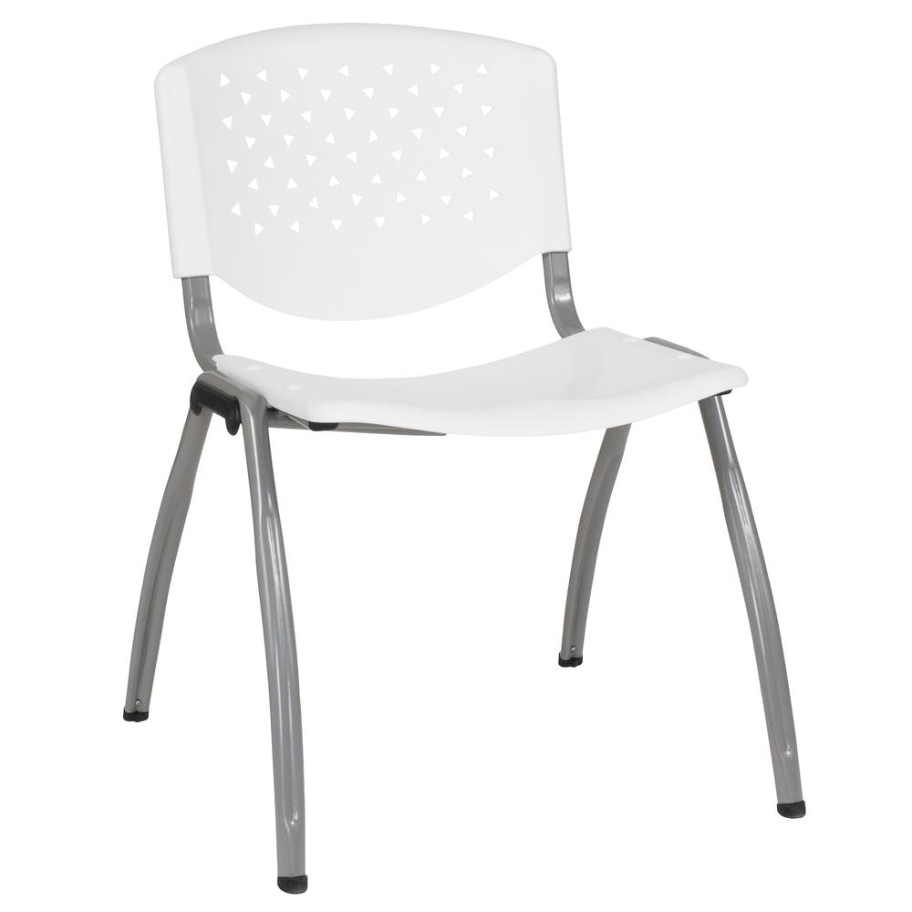 White Plastic Stack Chair with Titanium Gray Powder Coated Frame. Picture 1