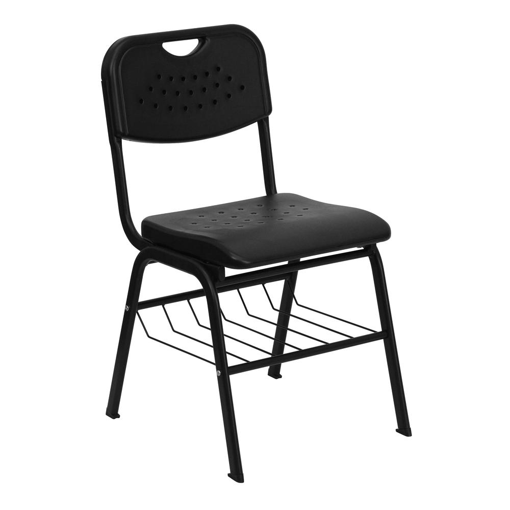 880 lb. Capacity Black Plastic Chair with Black Frame and Book Basket. Picture 1