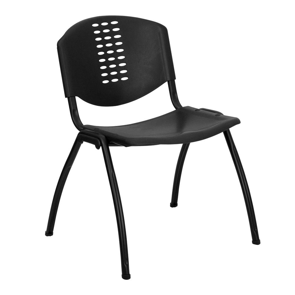 880 lb. Capacity Black Plastic Stack Chair with Oval Cutout Back and Black Frame. Picture 1
