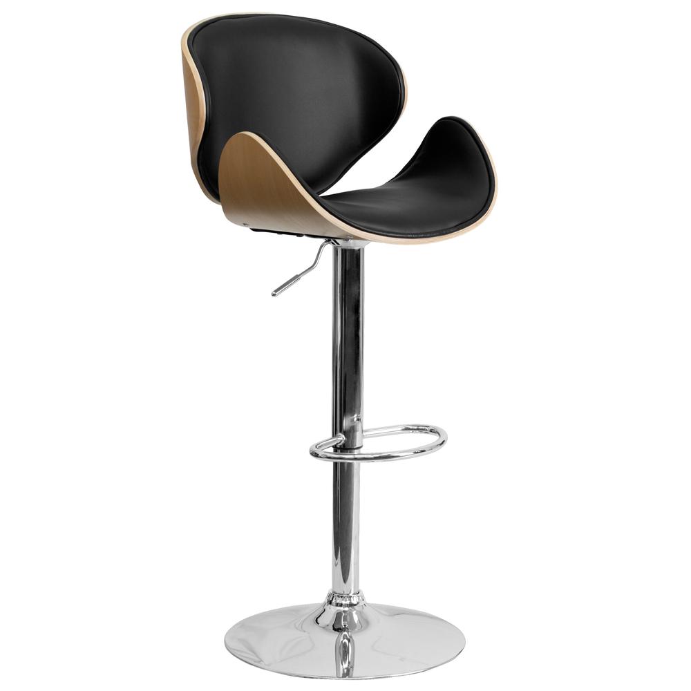 Beech Bentwood Adjustable Height Barstool with Curved Back and Black Vinyl Seat. The main picture.