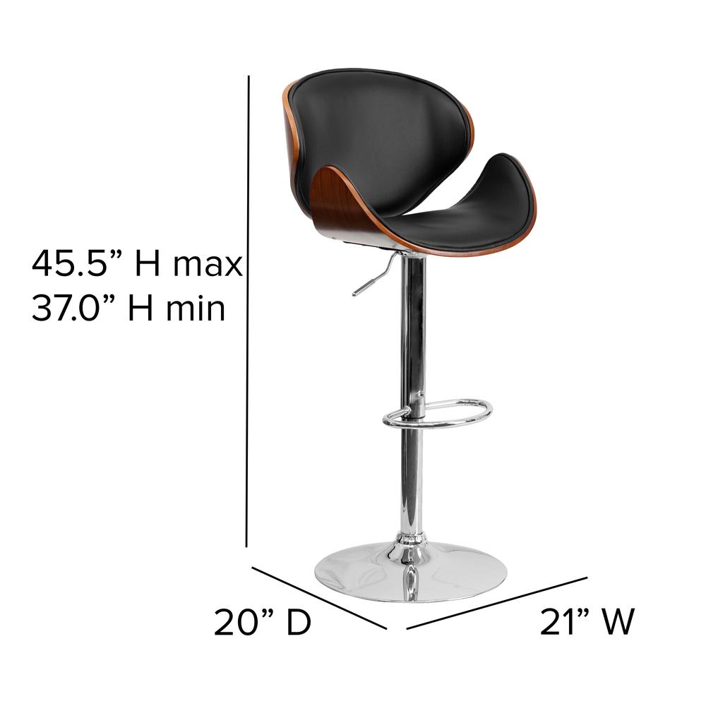 Walnut Bentwood Adjustable Height Barstool with Curved Back and Black Vinyl Seat. Picture 2