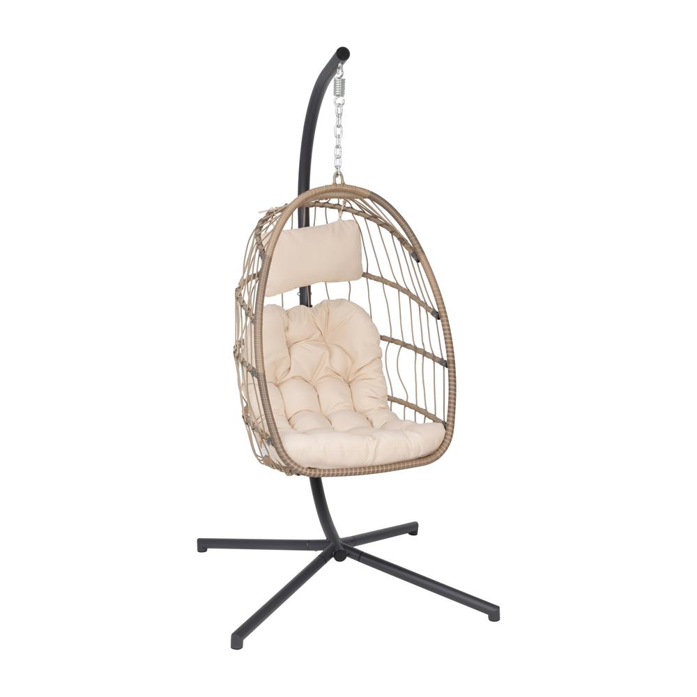 Cleo Patio Hanging Egg Chair, Wicker Hammock with Soft Seat Cushions & Swing Stand, Indoor/Outdoor Natural Frame-Cream Cushions. Picture 2