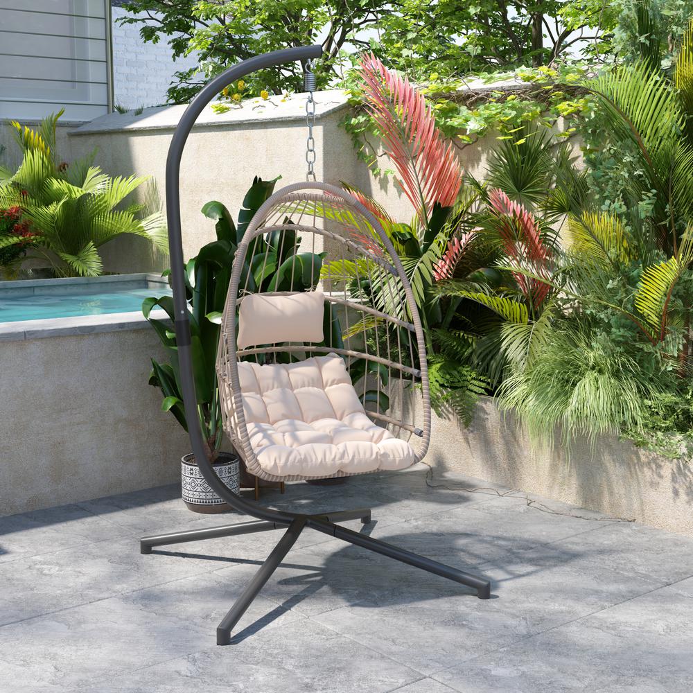 Cleo Patio Hanging Egg Chair, Wicker Hammock with Soft Seat Cushions & Swing Stand, Indoor/Outdoor Natural Frame-Cream Cushions. Picture 6