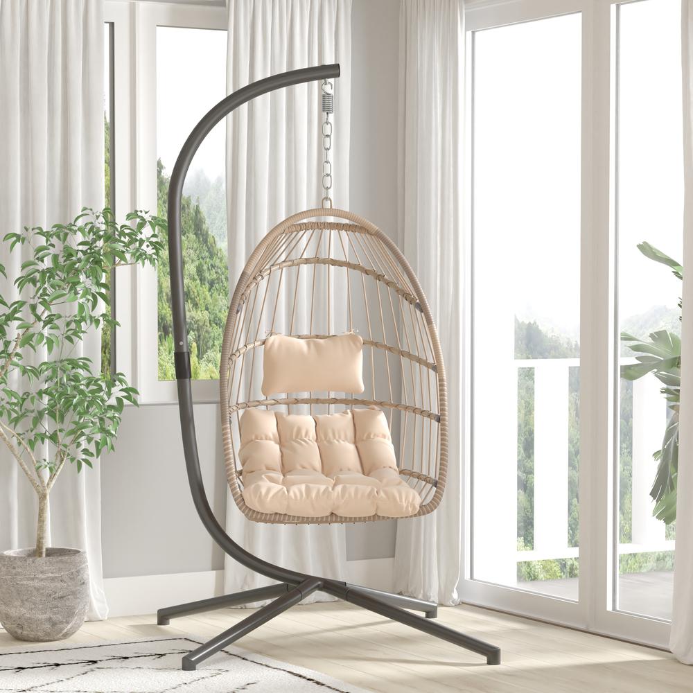 Cleo Patio Hanging Egg Chair, Wicker Hammock with Soft Seat Cushions & Swing Stand, Indoor/Outdoor Natural Frame-Cream Cushions. Picture 7