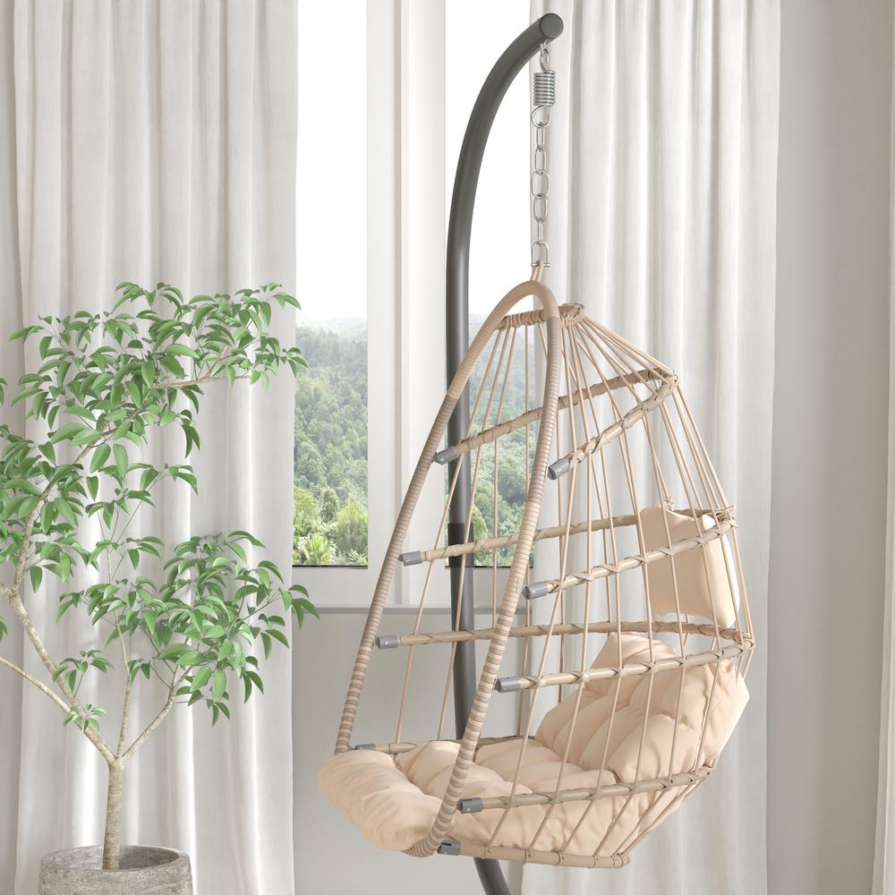 Cleo Patio Hanging Egg Chair, Wicker Hammock with Soft Seat Cushions & Swing Stand, Indoor/Outdoor Natural Frame-Cream Cushions. Picture 8