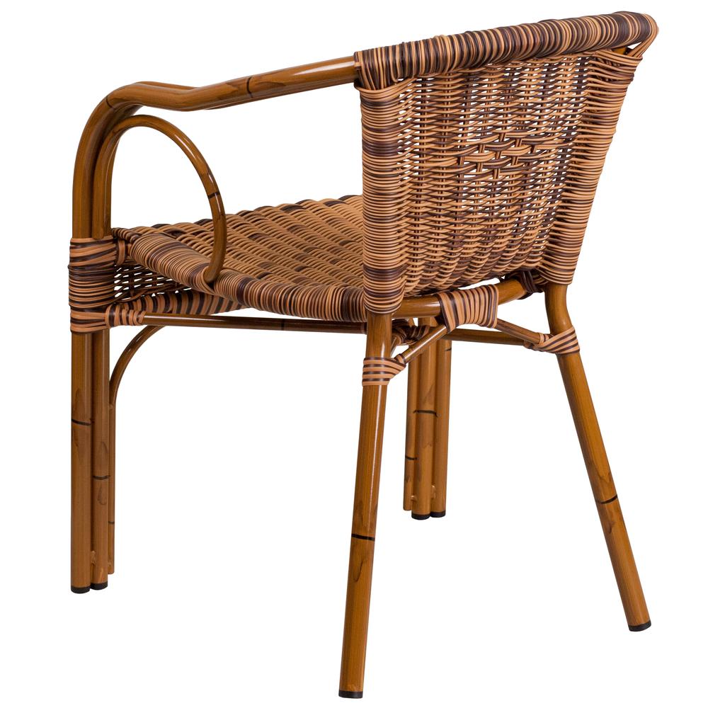 Cadiz Series Burning Brown Rattan Restaurant Patio Chair with Dark Red Bamboo-Aluminum Frame. Picture 3