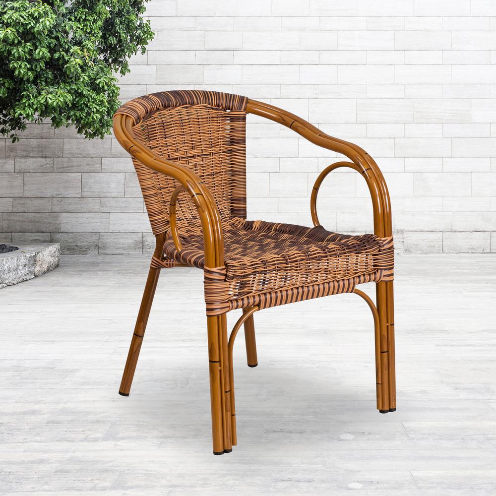 Cadiz Series Burning Brown Rattan Restaurant Patio Chair with Dark Red Bamboo-Aluminum Frame. Picture 2