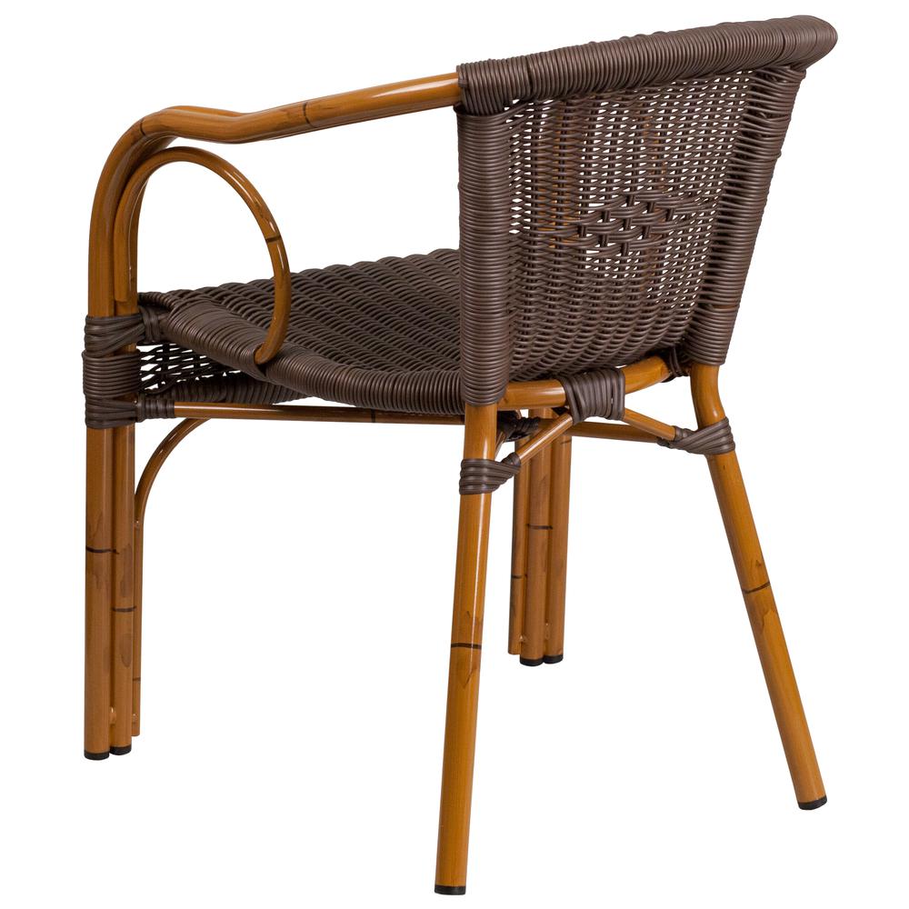 Dark-Brown Rattan Restaurant Patio Chair with Red Bamboo-Aluminum Frame. Picture 3