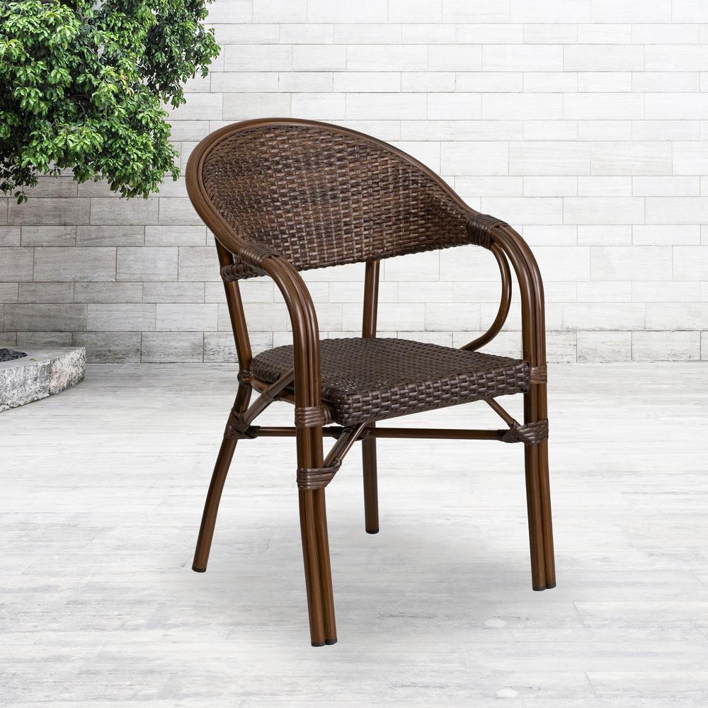 Milano Series Cocoa Rattan Restaurant Patio Chair with Bamboo-Aluminum Frame. The main picture.