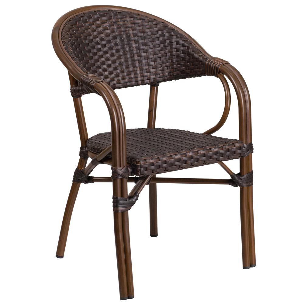 Dark Brown Rattan Restaurant Patio Chair with Red Bamboo-Aluminum Frame. Picture 1