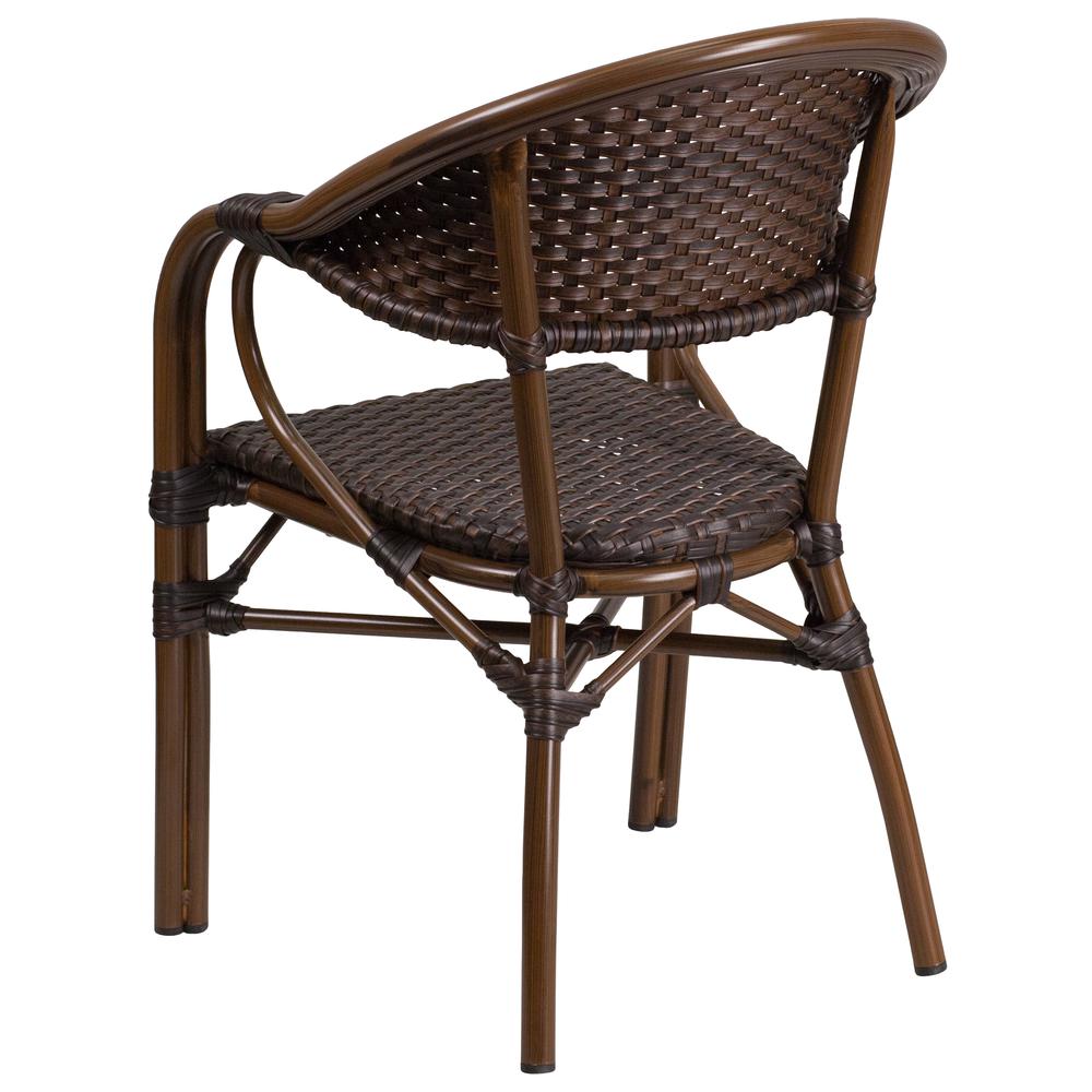 Dark Brown Rattan Restaurant Patio Chair with Red Bamboo-Aluminum Frame. Picture 3