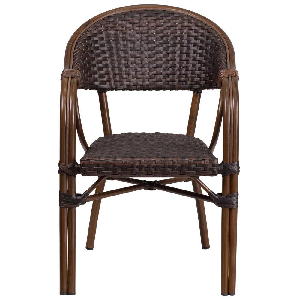 Dark Brown Rattan Restaurant Patio Chair with Red Bamboo-Aluminum Frame. Picture 4