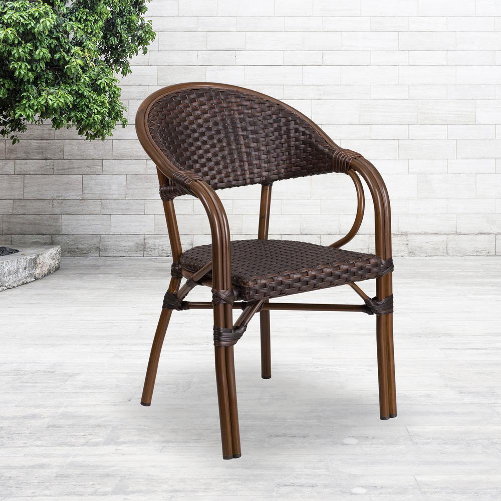 o Dark Brown Rattan Restaurant Patio Chair with Red Bamboo-Aluminum Frame. Picture 5