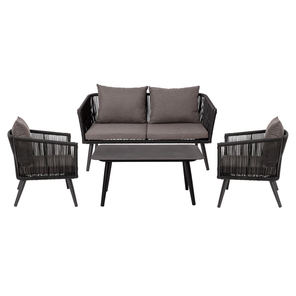 Kierra Black All-Weather 4-Piece Woven Conversation Set with Gray Zippered Removable Cushions & Metal Coffee Table. The main picture.