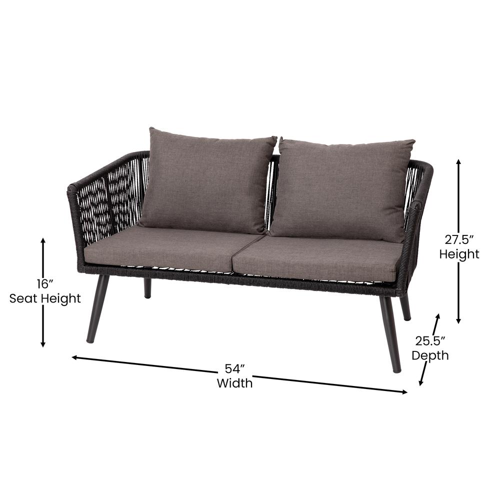 Kierra Black All-Weather 4-Piece Woven Conversation Set with Gray Zippered Removable Cushions & Metal Coffee Table. Picture 5