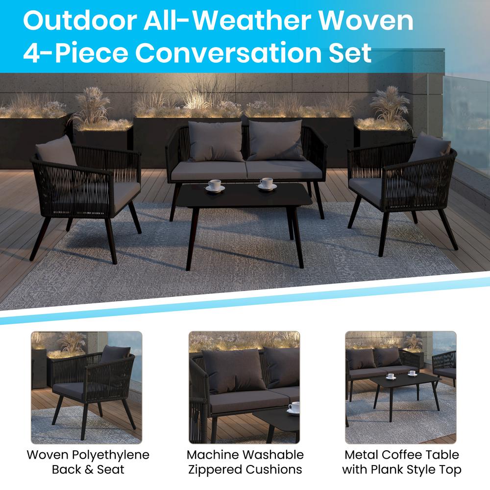 Kierra Black All-Weather 4-Piece Woven Conversation Set with Gray Zippered Removable Cushions & Metal Coffee Table. Picture 4