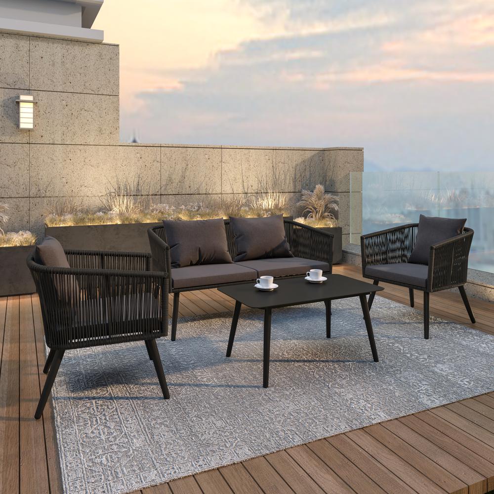 Kierra Black All-Weather 4-Piece Woven Conversation Set with Gray Zippered Removable Cushions & Metal Coffee Table. Picture 2