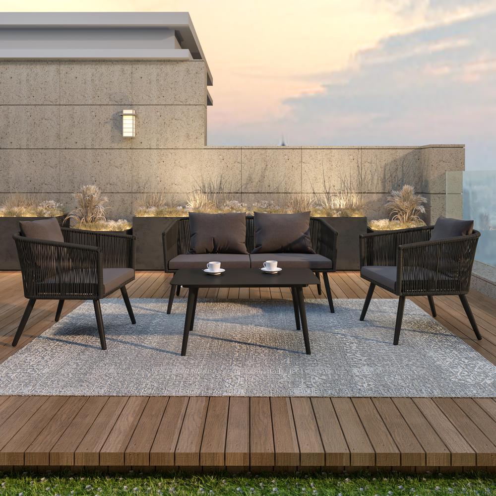 Kierra Black All-Weather 4-Piece Woven Conversation Set with Gray Zippered Removable Cushions & Metal Coffee Table. Picture 8