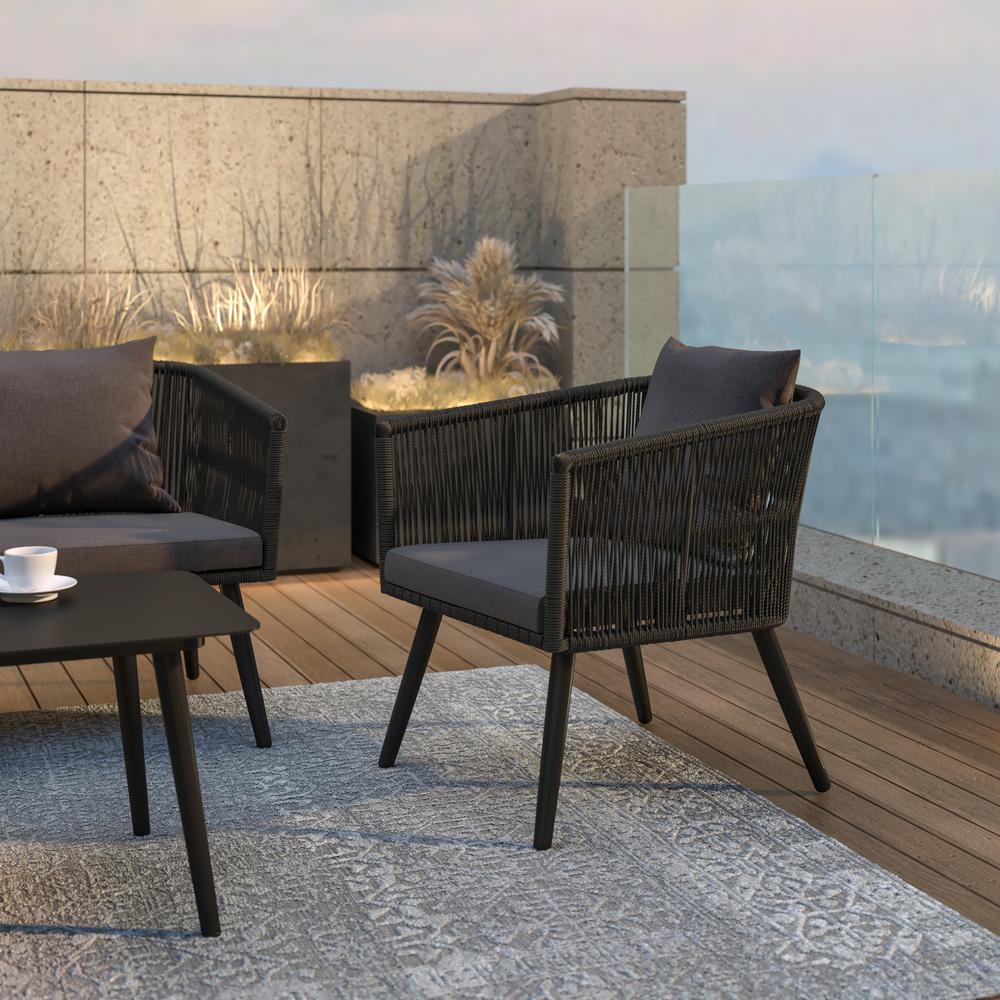 Kierra Black All-Weather 4-Piece Woven Conversation Set with Gray Zippered Removable Cushions & Metal Coffee Table. Picture 9