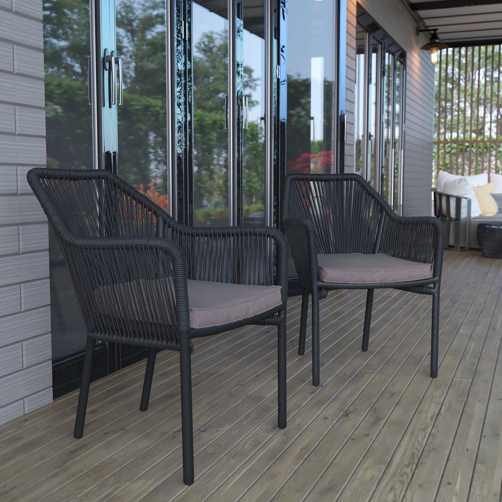 Set of 2 All-Weather Black Woven Stacking Club Chairs. Picture 2