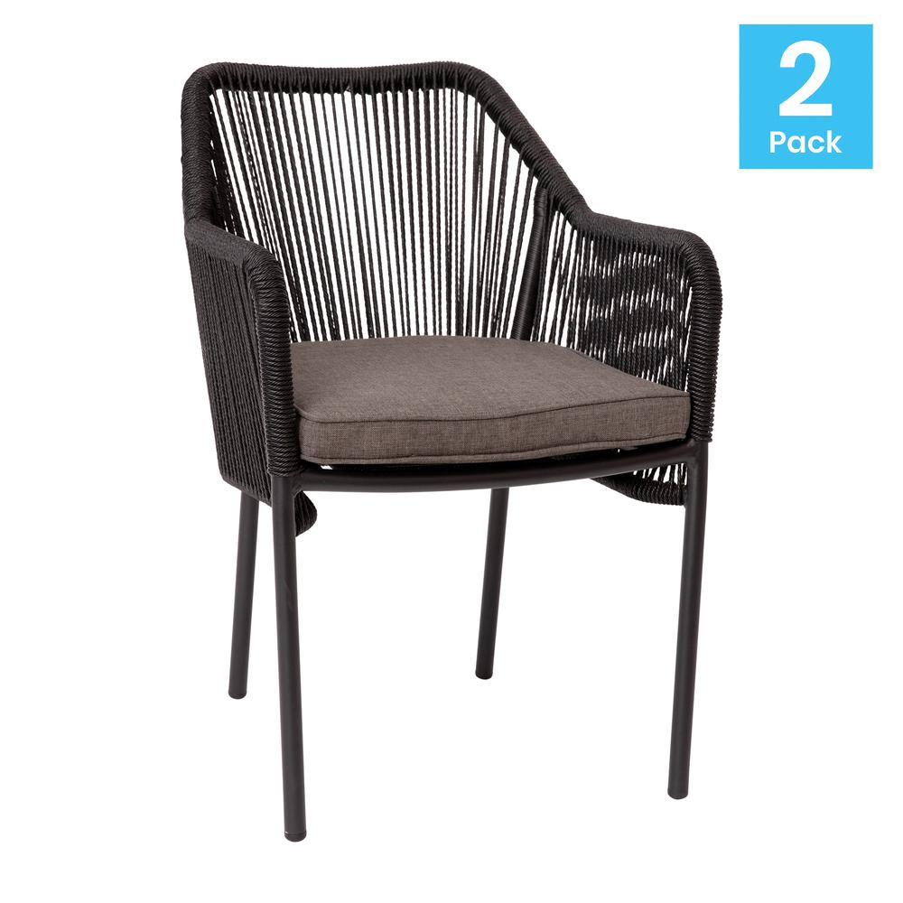 Set of 2 All-Weather Black Woven Stacking Club Chairs. Picture 1