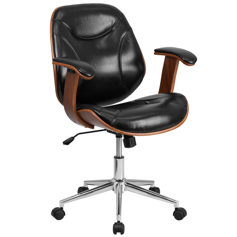 Mid-Back Black LeatherSoft Executive Ergonomic Wood Swivel Office Chair with Arms. Picture 1