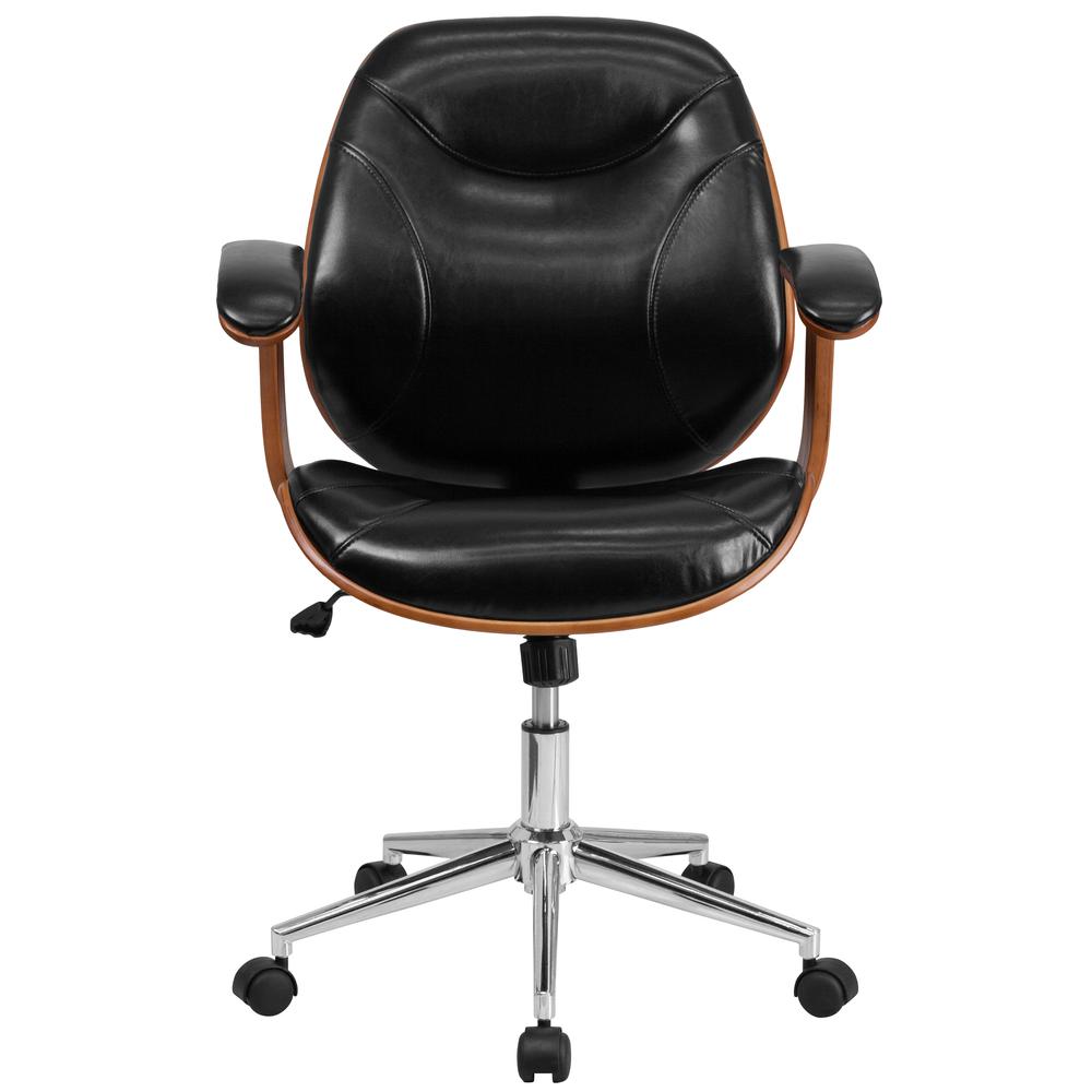 Mid-Back Black LeatherSoft Executive Ergonomic Wood Swivel Office Chair with Arms. Picture 4