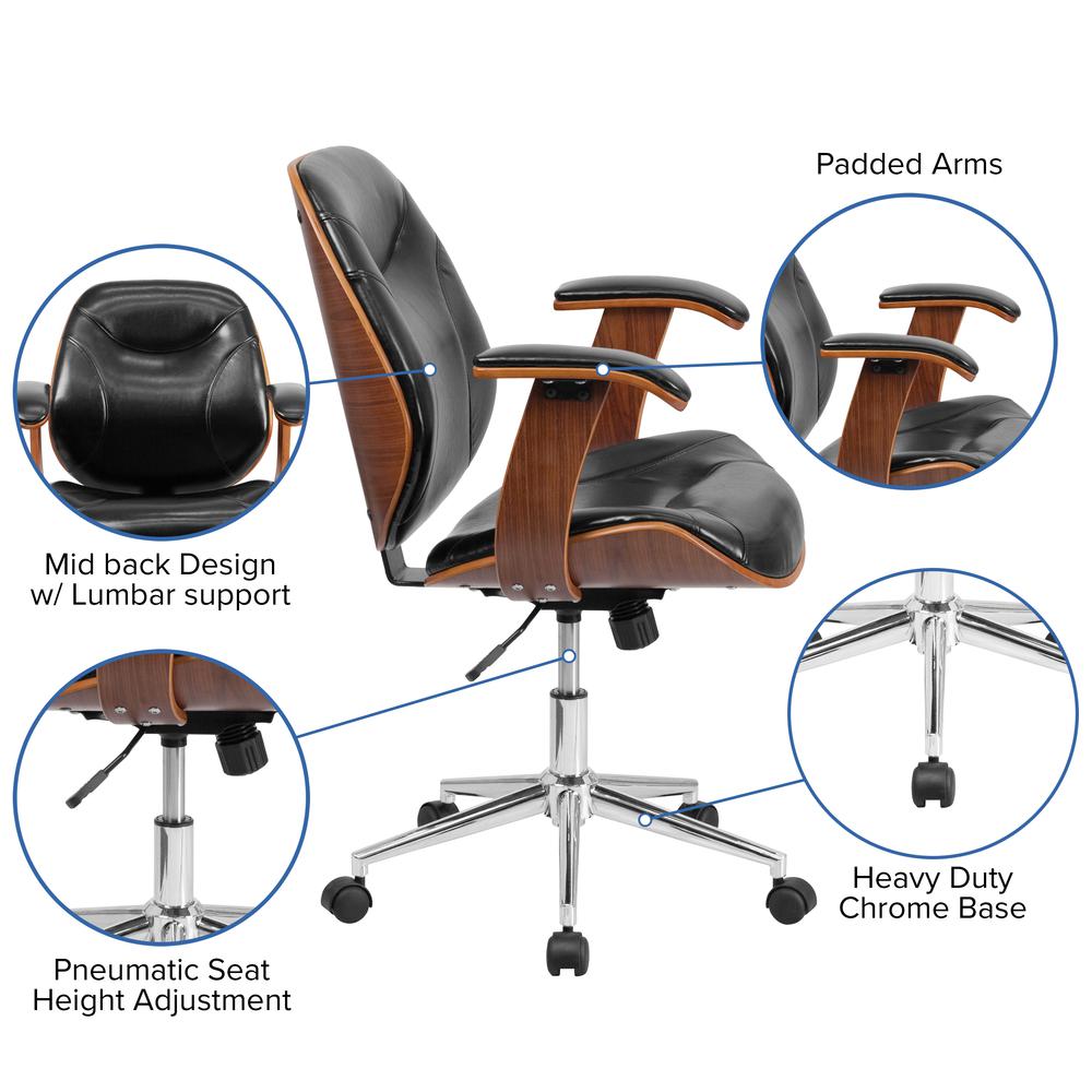 Mid-Back Black LeatherSoft Executive Ergonomic Wood Swivel Office Chair with Arms. Picture 5