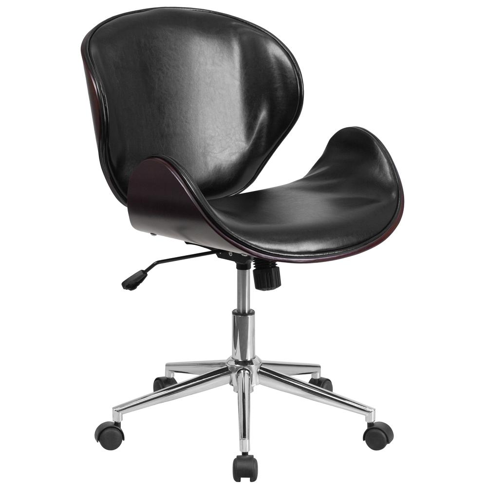 Mid-Back Mahogany Wood Conference Office Chair in Black LeatherSoft. Picture 1