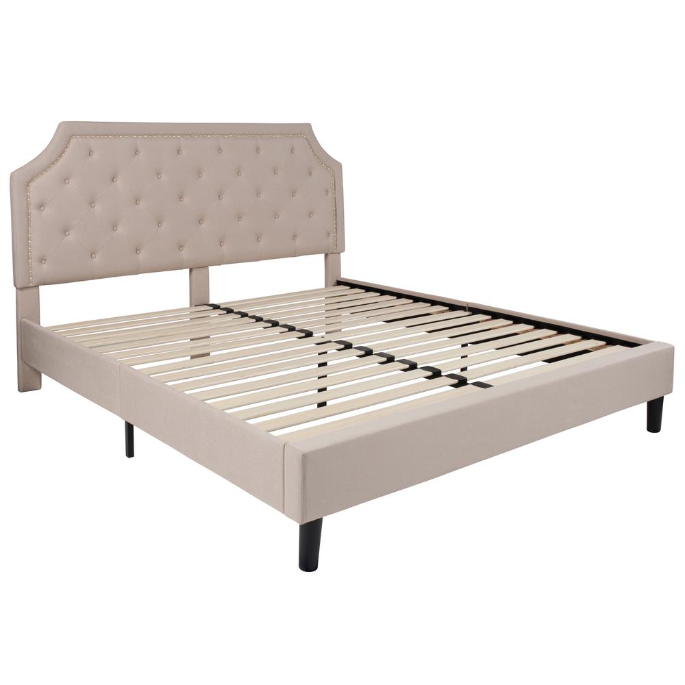 King Size Arched Tufted Upholstered Platform Bed in Beige Fabric. Picture 1