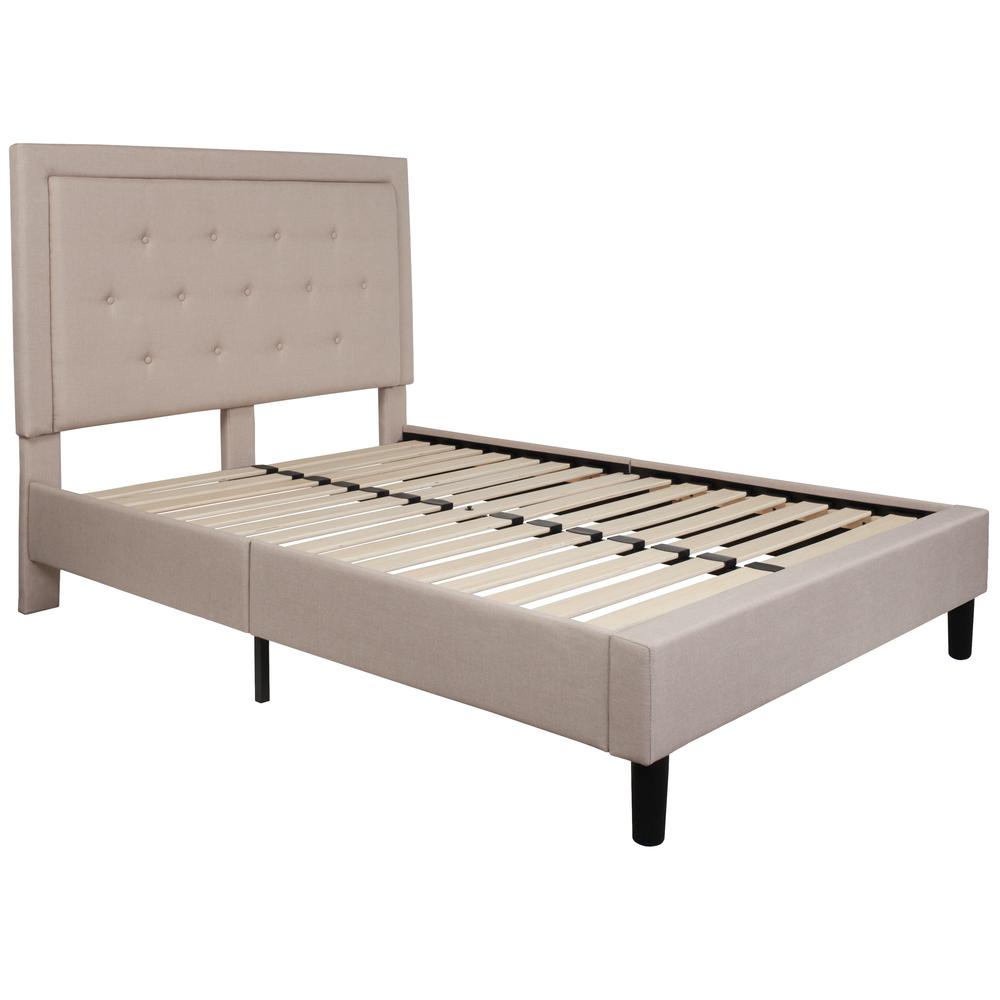 Full Size Panel Tufted Upholstered Platform Bed in Beige Fabric. The main picture.