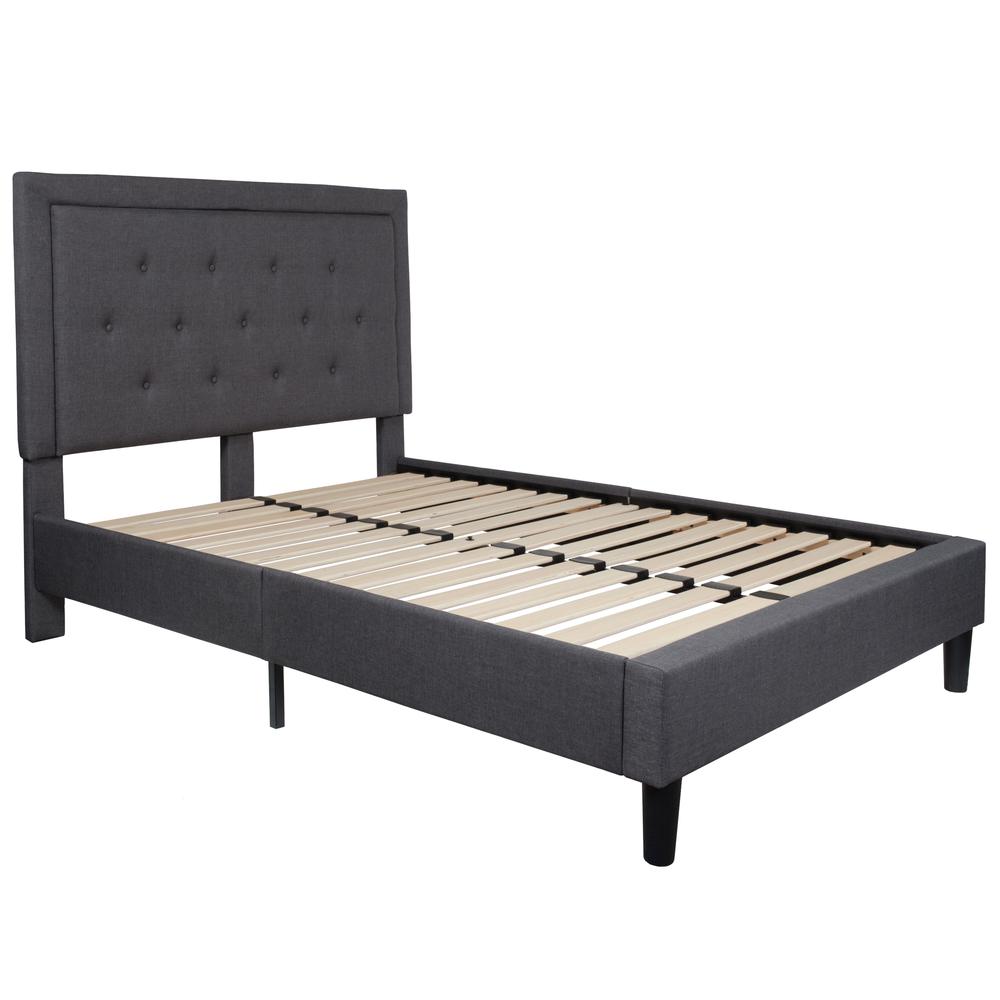 Full Size Panel Tufted Upholstered Platform Bed in Dark Gray Fabric. Picture 1