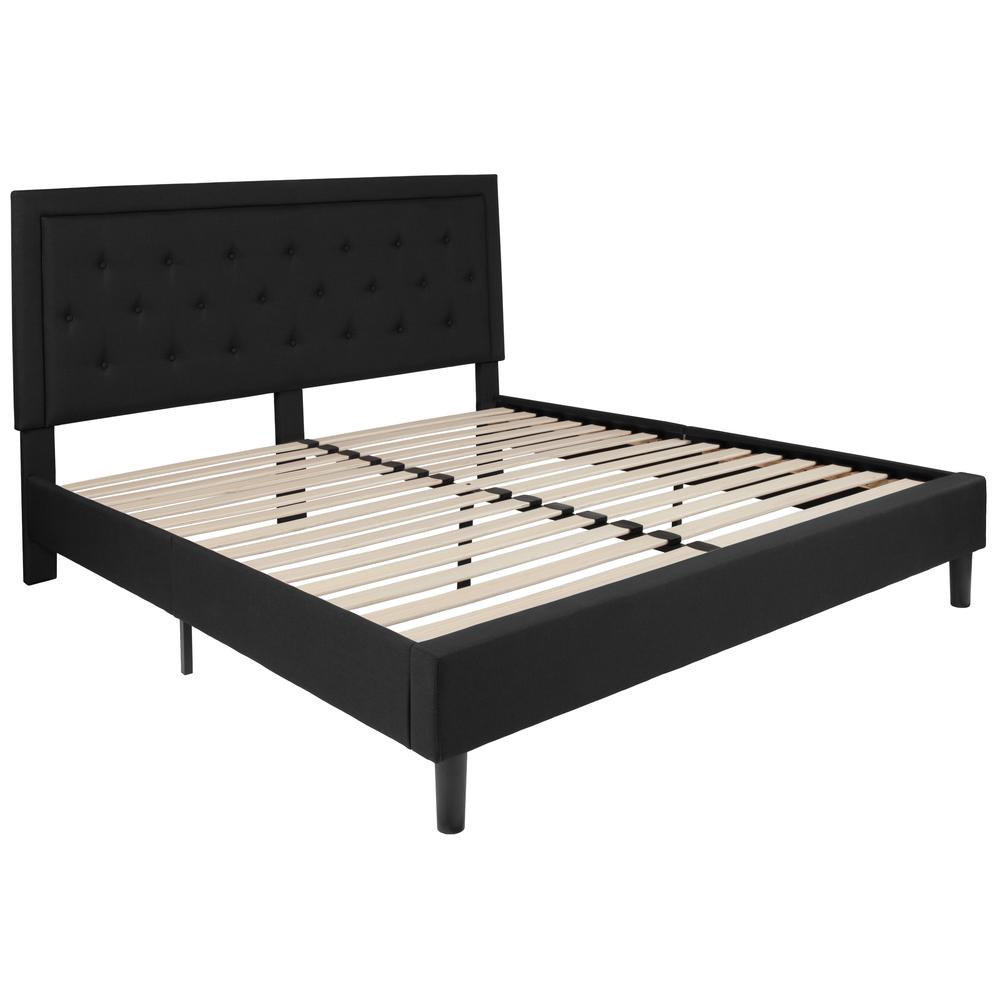 King Size Panel Tufted Upholstered Platform Bed in Black Fabric. Picture 1