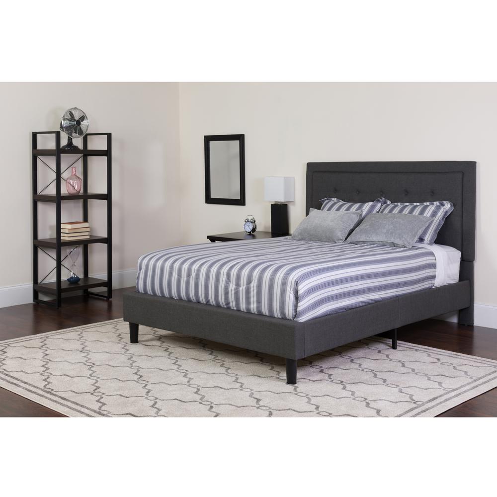 King Size Tufted Upholstered Platform Bed in Dark Gray Fabric. Picture 1