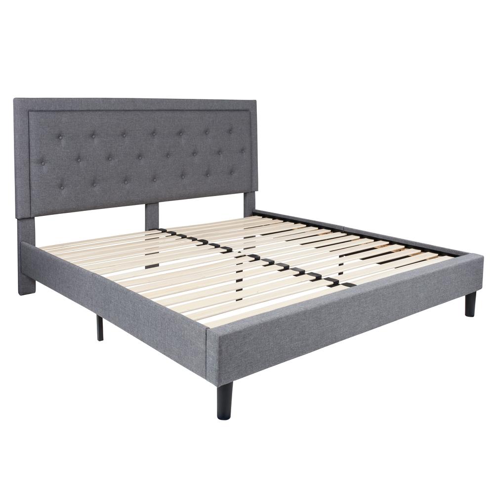 King Size Panel Tufted Upholstered Platform Bed in Light Gray Fabric. Picture 1
