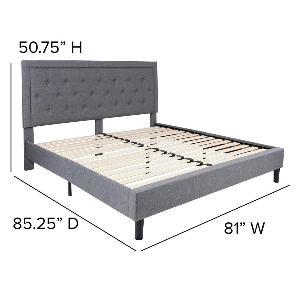 King Size Panel Tufted Upholstered Platform Bed in Light Gray Fabric. Picture 2