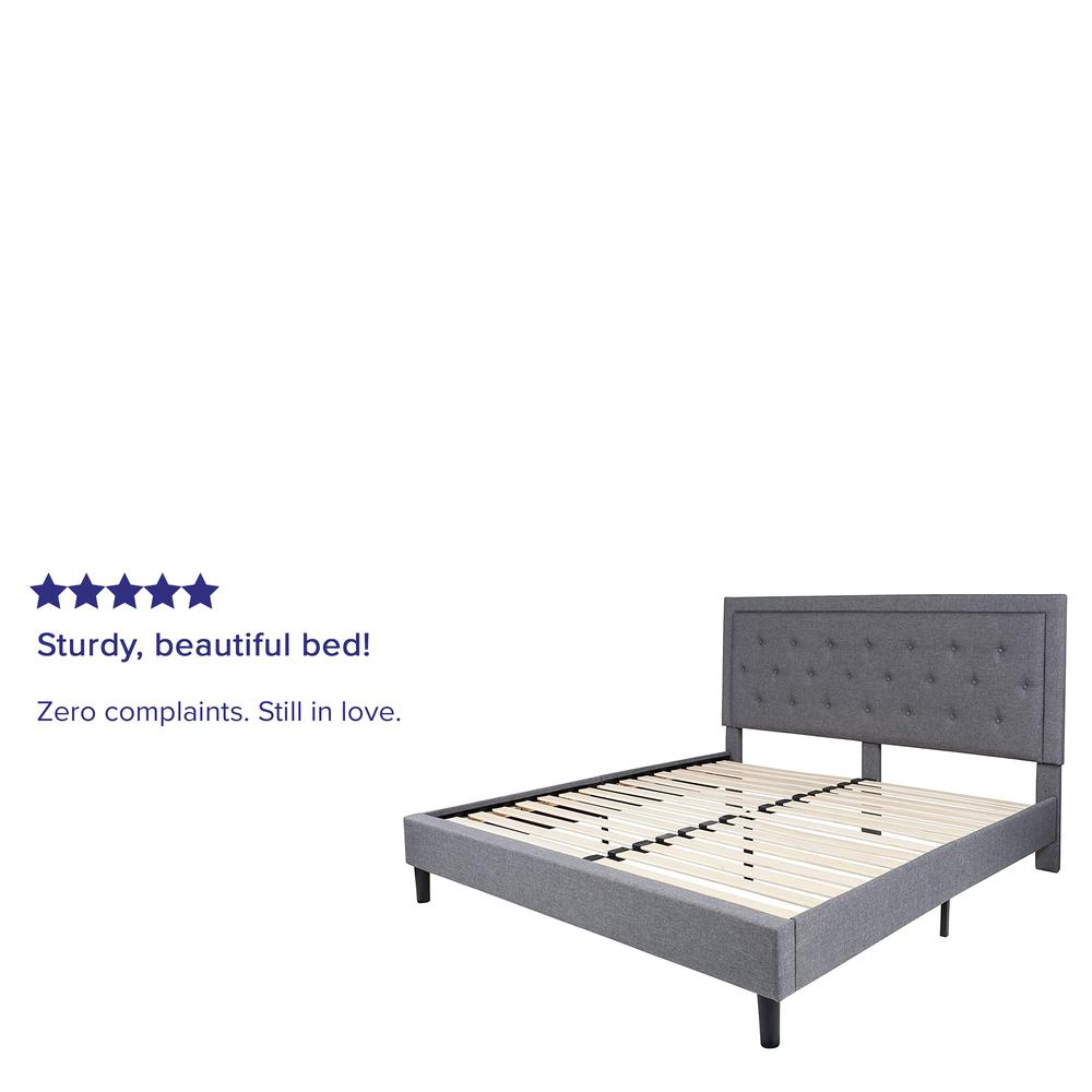 King Size Panel Tufted Upholstered Platform Bed in Light Gray Fabric. Picture 5