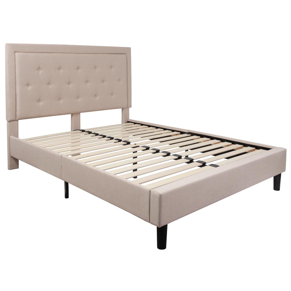 Queen Size Panel Tufted Upholstered Platform Bed in Beige Fabric. Picture 1