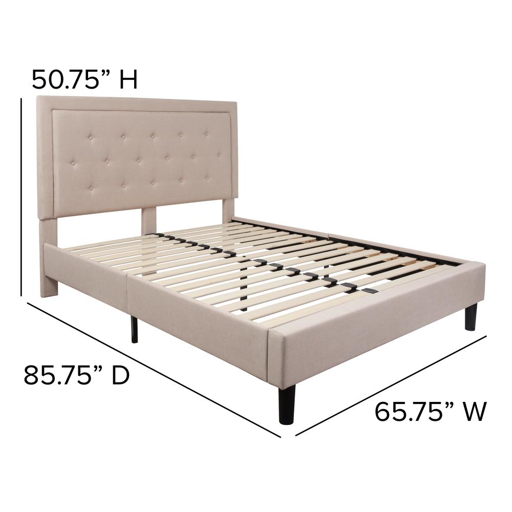 Queen Size Panel Tufted Upholstered Platform Bed in Beige Fabric. Picture 2