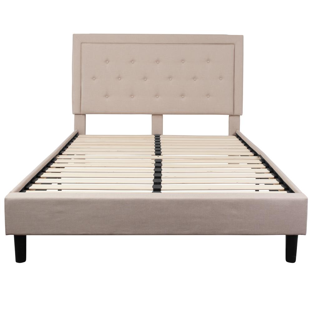 Queen Size Panel Tufted Upholstered Platform Bed in Beige Fabric. Picture 3
