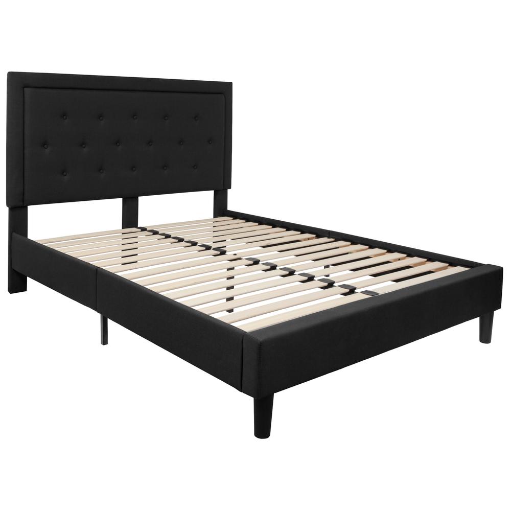 Queen Size Panel Tufted Upholstered Platform Bed in Black Fabric. Picture 1