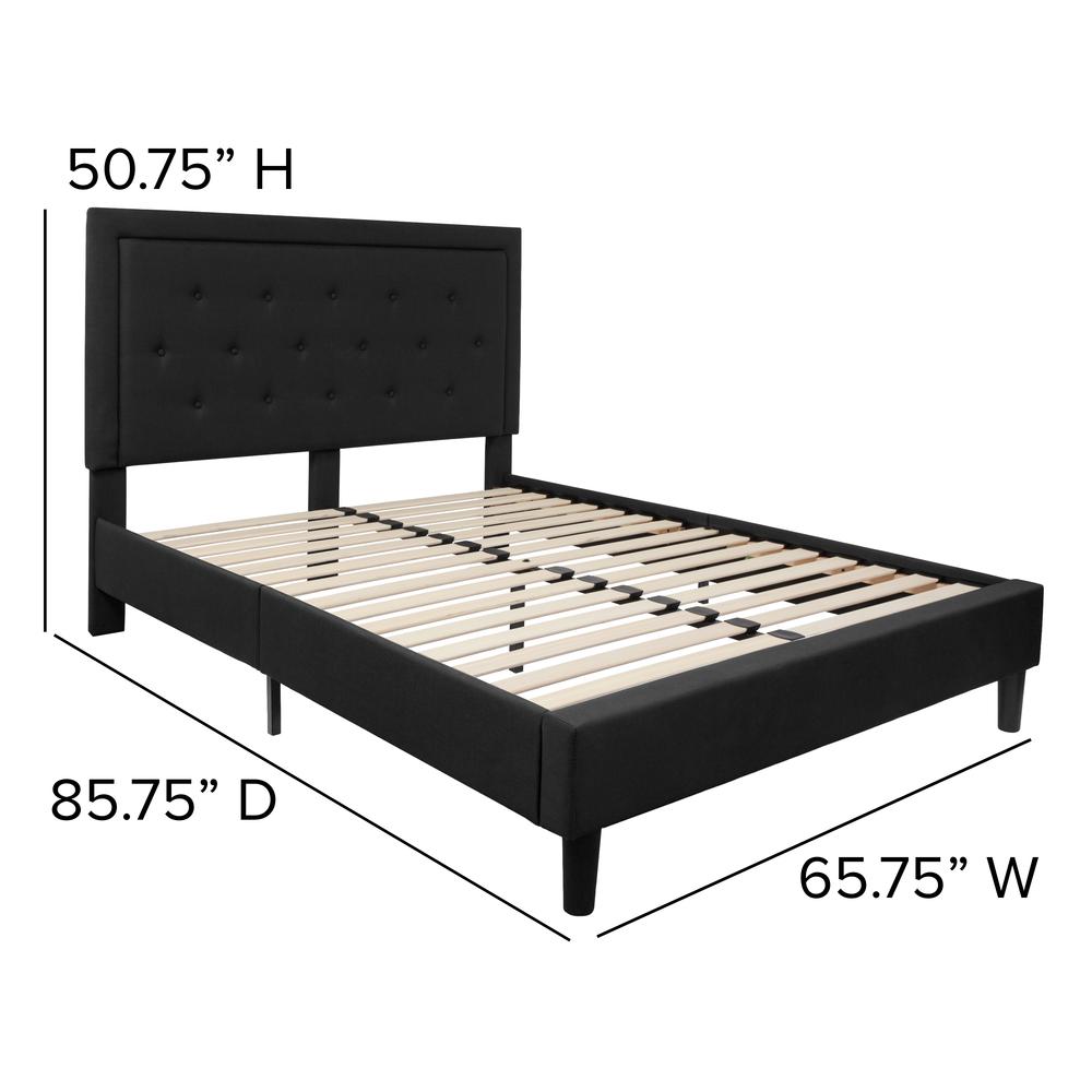 Queen Size Panel Tufted Upholstered Platform Bed in Black Fabric. Picture 2