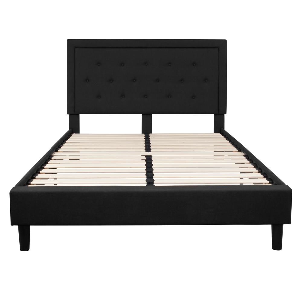 Queen Size Panel Tufted Upholstered Platform Bed in Black Fabric. Picture 3