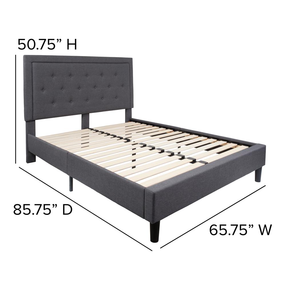 Queen Size Panel Tufted Upholstered Platform Bed in Dark Gray Fabric. Picture 3