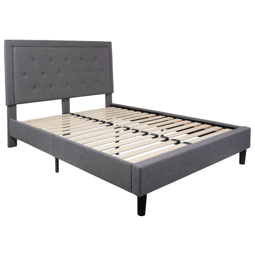 Queen Size Panel Tufted Upholstered Platform Bed in Light Gray Fabric. Picture 1