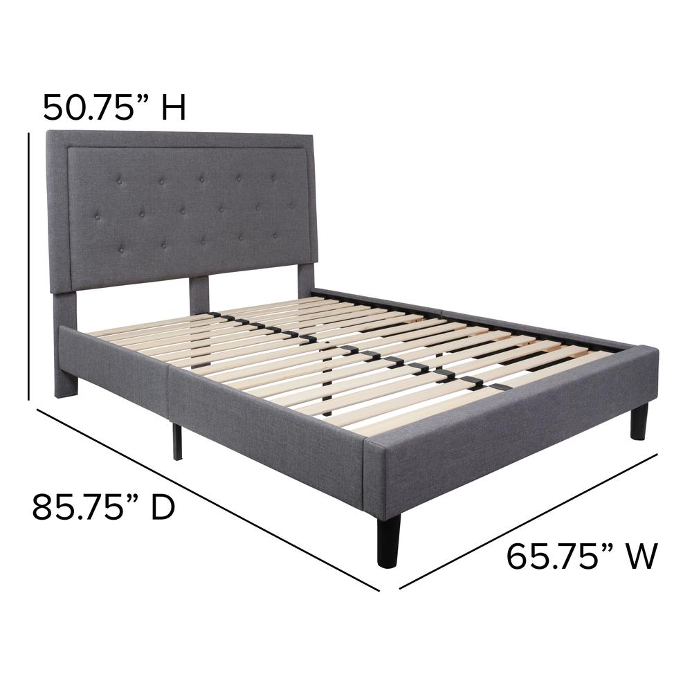 Queen Size Panel Tufted Upholstered Platform Bed in Light Gray Fabric. Picture 2