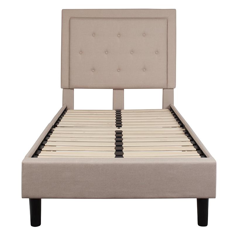 Twin Size Tufted Upholstered Platform Bed in Beige Fabric. Picture 3
