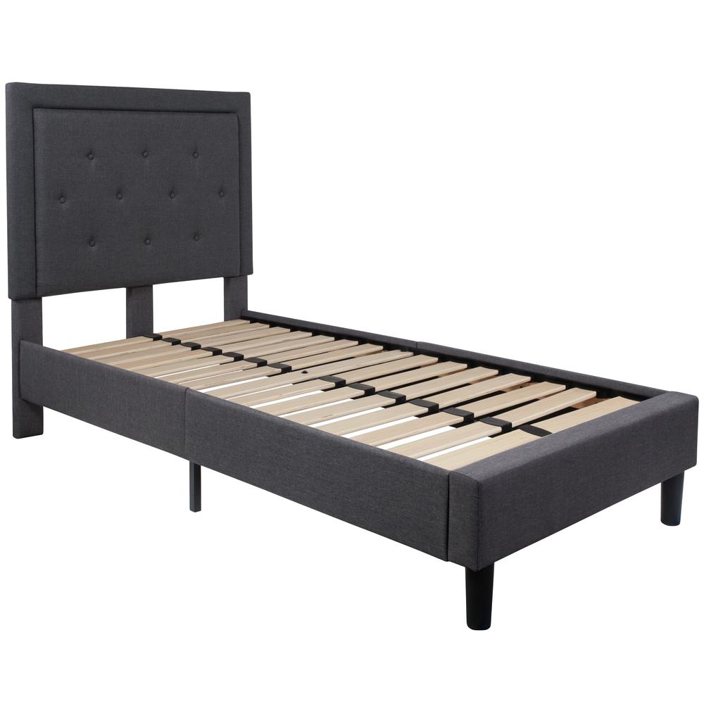 Twin Size Panel Tufted Upholstered Platform Bed in Dark Gray Fabric. Picture 1