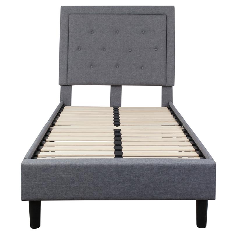 Twin Size Tufted Upholstered Platform Bed in Light Gray Fabric. Picture 3
